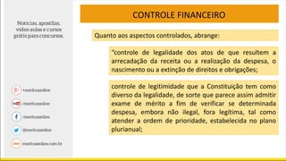 CONTROLE FINANCEIRO
Quanto aos aspectos controlados, abrange:
“controle de legalidade dos atos de que resultem a
arrecadação da receita ou a realização da despesa, o
nascimento ou a extinção de direitos e obrigações;
controle de legitimidade que a Constituição tem como
diverso da legalidade, de sorte que parece assim admitir
exame de mérito a fim de verificar se determinada
despesa, embora não ilegal, fora legítima, tal como
atender a ordem de prioridade, estabelecida no plano
plurianual;
 