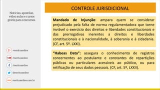 CONTROLE JURISDICIONAL
Mandado de Injunção: ampara quem se considerar
prejudicado pela falta de norma regulamentadora que torne
inviável o exercício dos direitos e liberdades constitucionais e
das prerrogativas inerentes a direitos e liberdades
constitucionais e à nacionalidade, à soberania e à cidadania.
(CF, art. 5º. LXXI).
“Habeas Data”: assegura o conhecimento de registros
concernentes ao postulante e constantes de repartições
públicas ou particulares acessíveis ao público, ou para
retificação de seus dados pessoais. (CF, art. 5º, LXXII).
 