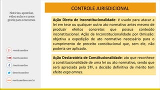 CONTROLE JURISDICIONAL
Ação Direta de Inconstitucionalidade: é usado para atacar a
lei em tese ou qualquer outro ato normativo antes mesmo de
produzir efeitos concretos que possua conteúdo
inconstitucional. Ação de Inconstitucionalidade por Omissão:
objetiva a expedição de ato normativo necessário para o
cumprimento de preceito constitucional que, sem ele, não
poderia ser aplicado.
Ação Declaratória de Constitucionalidade: ato que reconhece
a constitucionalidade de uma lei ou ato normativo, sendo que
será apreciada pelo STF, a decisão definitiva de mérito tem
efeito erga omnes.
 