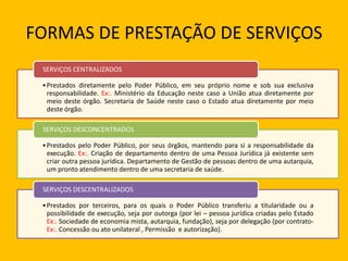 FORMAS DE PRESTAÇÃO DE SERVIÇOS
•Prestados diretamente pelo Poder Público, em seu próprio nome e sob sua exclusiva
responsabilidade. Ex:. Ministério da Educação neste caso a União atua diretamente por
meio deste órgão. Secretaria de Saúde neste caso o Estado atua diretamente por meio
deste órgão.
SERVIÇOS CENTRALIZADOS
•Prestados pelo Poder Público, por seus órgãos, mantendo para si a responsabilidade da
execução. Ex:. Criação de departamento dentro de uma Pessoa Jurídica já existente sem
criar outra pessoa jurídica. Departamento de Gestão de pessoas dentro de uma autarquia,
um pronto atendimento dentro de uma secretaria de saúde.
SERVIÇOS DESCONCENTRADOS
•Prestados por terceiros, para os quais o Poder Público transferiu a titularidade ou a
possibilidade de execução, seja por outorga (por lei – pessoa jurídica criadas pelo Estado
Ex:. Sociedade de economia mista, autarquia, fundação), seja por delegação (por contrato-
Ex:. Concessão ou ato unilateral , Permissão e autorização).
SERVIÇOS DESCENTRALIZADOS
 
