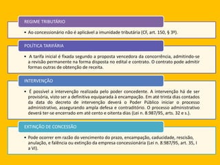 • Ao concessionário não é aplicável a imunidade tributária (CF, art. 150, § 3º).
REGIME TRIBUTÁRIO
• A tarifa inicial é fixada segundo a proposta vencedora da concorrência, admitindo-se
a revisão permanente na forma disposta no edital e contrato. O contrato pode admitir
formas outras de obtenção de receita.
POLÍTICA TARIFÁRIA
• É possível a intervenção realizada pelo poder concedente. A intervenção há de ser
provisória, visto ser a definitiva equiparada à encampação. Em até trinta dias contados
da data do decreto de intervenção deverá o Poder Público iniciar o processo
administrativo, assegurando ampla defesa e contraditório. O processo administrativo
deverá ter-se encerrado em até cento e oitenta dias (Lei n. 8.987/95, arts. 32 e s.).
INTERVENÇÃO
• Pode ocorrer em razão do vencimento do prazo, encampação, caducidade, rescisão,
anulação, e falência ou extinção da empresa concessionária (Lei n. 8.987/95, art. 35, I
a VI).
EXTINÇÃO DE CONCESSÃO
 