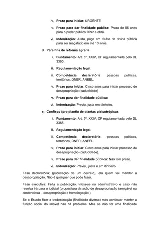 iv. Prazo para iniciar: URGENTE 
v. Prazo para dar finalidade pública: Prazo de 05 anos 
para o poder público fazer a obra. 
vi. Indenização: Justa, paga em títulos da divida pública 
para ser resgatado em até 10 anos, 
d. Para fins de reforma agraria 
i. Fundamento: Art. 5º, XXIV, CF regulamentada pelo DL 
3365. 
ii. Regulamentação legal: 
iii. Competência declaratória: pessoas politicas, 
territórios, DNER, ANEEL. 
iv. Prazo para iniciar: Cinco anos para iniciar processo de 
desapropriação (caducidade) 
v. Prazo para dar finalidade pública: 
vi. Indenização: Previa, justa em dinheiro. 
e. Confisco (pro plantio de plantas pisicotrópicas 
i. Fundamento: Art. 5º, XXIV, CF regulamentada pelo DL 
3365. 
ii. Regulamentação legal: 
iii. Competência declaratória: pessoas politicas, 
territórios, DNER, ANEEL. 
iv. Prazo para iniciar: Cinco anos para iniciar processo de 
desapropriação (caducidade). 
v. Prazo para dar finalidade pública: Não tem prazo. 
vi. Indenização: Prévia, justa e em dinheiro. 
Fase declaratória: (publicação de um decreto), ela quem vai mandar a 
desapropriação. Não é qualquer que pode fazer. 
Fase executiva: Feita a publicação. Inicia-se no administrativo e caso não 
resolva irá para o judicial (propositura da ação de desapropriação (amigável ou 
contenciosa – desapropriação e homologação.) 
Se o Estado fizer a tredestinação (finalidade diversa) mas continuar manter a 
função social do imóvel não há problema. Mas se não for uma finalidade 
 