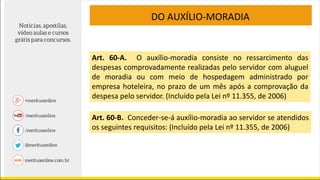 Art. 60-A. O auxílio-moradia consiste no ressarcimento das
despesas comprovadamente realizadas pelo servidor com aluguel
de moradia ou com meio de hospedagem administrado por
empresa hoteleira, no prazo de um mês após a comprovação da
despesa pelo servidor. (Incluído pela Lei nº 11.355, de 2006)
Art. 60-B. Conceder-se-á auxílio-moradia ao servidor se atendidos
os seguintes requisitos: (Incluído pela Lei nº 11.355, de 2006)
DO AUXÍLIO-MORADIA
 