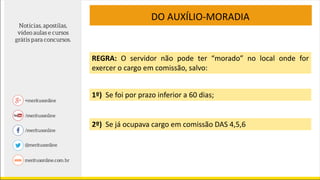 DO AUXÍLIO-MORADIA
REGRA: O servidor não pode ter “morado” no local onde for
exercer o cargo em comissão, salvo:
2º) Se já ocupava cargo em comissão DAS 4,5,6
1º) Se foi por prazo inferior a 60 dias;
 