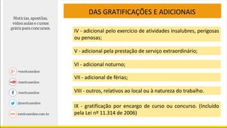 DAS GRATIFICAÇÕES E ADICIONAIS
IV - adicional pelo exercício de atividades insalubres, perigosas
ou penosas;
V - adicional pela prestação de serviço extraordinário;
VI - adicional noturno;
VII - adicional de férias;
VIII - outros, relativos ao local ou à natureza do trabalho.
IX - gratificação por encargo de curso ou concurso. (Incluído
pela Lei nº 11.314 de 2006)
 