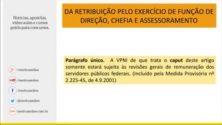 DA RETRIBUIÇÃO PELO EXERCÍCIO DE FUNÇÃO DE
DIREÇÃO, CHEFIA E ASSESSORAMENTO
Parágrafo único. A VPNI de que trata o caput deste artigo
somente estará sujeita às revisões gerais de remuneração dos
servidores públicos federais. (Incluído pela Medida Provisória nº
2.225-45, de 4.9.2001)
 