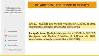 DO ADICIONAL POR TEMPO DE SERVIÇO
Parágrafo único. (Redação dada pela Lei nº 9.527, de 10.12.97)
(Revogado pela Medida Provisória nº 2.225-45, de 2001,
respeitadas as situações constituídas até 8.3.1999)
Art. 67. (Revogado pela Medida Provisória nº 2.225-45, de 2001,
respeitadas as situações constituídas até 8.3.1999)
 