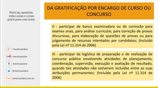 DA GRATIFICAÇÃO POR ENCARGO DE CURSO OU
CONCURSO
III - participar da logística de preparação e de realização de
concurso público envolvendo atividades de planejamento,
coordenação, supervisão, execução e avaliação de resultado,
quando tais atividades não estiverem incluídas entre as suas
atribuições permanentes; (Incluído pela Lei nº 11.314 de
2006)
II - participar de banca examinadora ou de comissão para
exames orais, para análise curricular, para correção de provas
discursivas, para elaboração de questões de provas ou para
julgamento de recursos intentados por candidatos; (Incluído
pela Lei nº 11.314 de 2006)
 