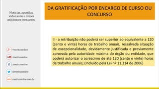 DA GRATIFICAÇÃO POR ENCARGO DE CURSO OU
CONCURSO
II - a retribuição não poderá ser superior ao equivalente a 120
(cento e vinte) horas de trabalho anuais, ressalvada situação
de excepcionalidade, devidamente justificada e previamente
aprovada pela autoridade máxima do órgão ou entidade, que
poderá autorizar o acréscimo de até 120 (cento e vinte) horas
de trabalho anuais; (Incluído pela Lei nº 11.314 de 2006)
 
