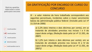 DA GRATIFICAÇÃO POR ENCARGO DE CURSO OU
CONCURSO
a) 2,2% (dois inteiros e dois décimos por cento), em se
tratando de atividades previstas nos incisos I e II do
caput deste artigo; (Redação dada pela Lei nº 11.501, de
2007)
b) 1,2% (um inteiro e dois décimos por cento), em se
tratando de atividade prevista nos incisos III e IV do
caput deste artigo. (Redação dada pela Lei nº 11.501, de
2007)/
III - o valor máximo da hora trabalhada corresponderá aos
seguintes percentuais, incidentes sobre o maior vencimento
básico da administração pública federal: (Incluído pela Lei nº
11.314 de 2006)
 