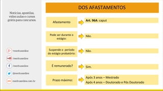 DOS AFASTAMENTOS
Pode ser durante o
estágio:
Afastamento
É remunerado?
Prazo máximo:
Art. 96A: caput
Não.
Sim.
Após 3 anos – Mestrado
Após 4 anos – Doutorado e Pós Doutorado
Suspende o período
do estágio probatório:
Não.
 