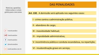 DAS PENALIDADES
Art. 132. A demissão será aplicada nos seguintes casos:
I - crime contra a administração pública;
II - abandono de cargo;
III - inassiduidade habitual;
IV - improbidade administrativa;
V- incontinência pública e conduta escandalosa, na repartição;
VI - insubordinação grave em serviço;
 