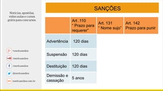 SANÇÕES
Art .110
“ Prazo para
requerer”
Art. 131
“ Nome sujo”
Art. 142
Prazo para punir
Advertência 120 dias 3 anos 180 dias
Suspensão 120 dias 5 anos 2 anos
Destituição 120 dias ..... 5 anos
Demissão e
cassação
5 anos ..... 5 anos
 