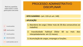PROCESSO ADMINISTRATIVO
DISCIPLINAR
- RITO SUMÁRIO - (art. 133 c/c art. 140)
- APLICAÇÃO
1. Abandono de cargo ( faltar mais de 30 dias consecutivos ao
trabalho)
2. Inassiduidade habitual (faltar 60 ou mais dias
interpoladamente em 12 meses).
3. Acumulação de cargos, empregos e funções.
 