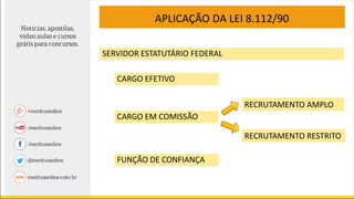 CARGO EM COMISSÃO
CARGO EFETIVO
APLICAÇÃO DA LEI 8.112/90
RECRUTAMENTO AMPLO
RECRUTAMENTO RESTRITO
FUNÇÃO DE CONFIANÇA
SERVIDOR ESTATUTÁRIO FEDERAL
 