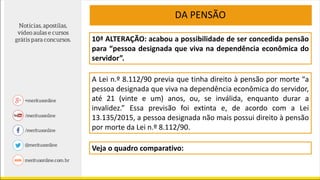 10ª ALTERAÇÃO: acabou a possibilidade de ser concedida pensão
para “pessoa designada que viva na dependência econômica do
servidor”.
A Lei n.º 8.112/90 previa que tinha direito à pensão por morte “a
pessoa designada que viva na dependência econômica do servidor,
até 21 (vinte e um) anos, ou, se inválida, enquanto durar a
invalidez.” Essa previsão foi extinta e, de acordo com a Lei
13.135/2015, a pessoa designada não mais possui direito à pensão
por morte da Lei n.º 8.112/90.
DA PENSÃO
Veja o quadro comparativo:
 