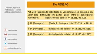 DA PENSÃO
Art. 218. Ocorrendo habilitação de vários titulares à pensão, o seu
valor será distribuído em partes iguais entre os beneficiários
habilitados. (Redação dada pela Lei nº 13.135, de 2015)
§ 1º (Revogado). (Redação dada pela Lei nº 13.135, de 2015)
§ 2º (Revogado). (Redação dada pela Lei nº 13.135, de 2015)
§ 3º (Revogado). (Redação dada pela Lei nº 13.135, de 2015)
 