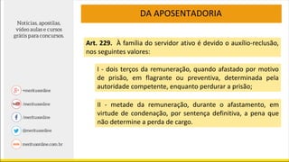 DA APOSENTADORIA
Art. 229. À família do servidor ativo é devido o auxílio-reclusão,
nos seguintes valores:
I - dois terços da remuneração, quando afastado por motivo
de prisão, em flagrante ou preventiva, determinada pela
autoridade competente, enquanto perdurar a prisão;
II - metade da remuneração, durante o afastamento, em
virtude de condenação, por sentença definitiva, a pena que
não determine a perda de cargo.
 