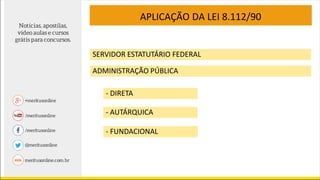 APLICAÇÃO DA LEI 8.112/90
ADMINISTRAÇÃO PÚBLICA
- DIRETA
- AUTÁRQUICA
- FUNDACIONAL
SERVIDOR ESTATUTÁRIO FEDERAL
 