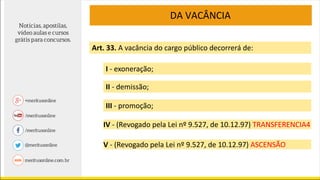 DA VACÂNCIA
Art. 33. A vacância do cargo público decorrerá de:
I - exoneração;
II - demissão;
III - promoção;
IV - (Revogado pela Lei nº 9.527, de 10.12.97) TRANSFERENCIA4
V - (Revogado pela Lei nº 9.527, de 10.12.97) ASCENSÃO
 