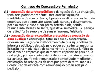d.1 - concessão de serviço público: a delegação de sua prestação,
feita pelo poder concedente, mediante licitação, na
modalidade de concorrência, à pessoa jurídica ou consórcio de
empresas que demonstre capacidade para seu desempenho,
por sua conta e risco e por prazo determinado, sendo
remunerado através de Tarifa, que deve se módica. Ex: serviço
de radiodifusão sonora e de sons e imagens, Telefonia
d.2 - concessão de serviço público precedida da execução de
obra pública: a construção, total ou parcial, conservação,
reforma, ampliação ou melhoramento de quaisquer obras de
interesse público, delegada pelo poder concedente, mediante
licitação, na modalidade de concorrência, à pessoa jurídica ou
consórcio de empresas que demonstre capacidade para a sua
realização, por sua conta e risco, de forma que o investimento
da concessionária seja remunerado e amortizado mediante a
exploração do serviço ou da obra por prazo determinado (Ex.
Construção de estrada com remuneração propiciada pelo
pedágio) . 23
Contrato de Concessão e Permissão
 