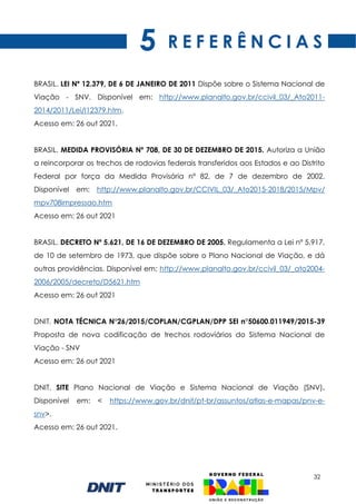 32
R E F E R Ê N C I A S
BRASIL. LEI Nº 12.379, DE 6 DE JANEIRO DE 2011 Dispõe sobre o Sistema Nacional de
Viação - SNV. Disponível em: http://www.planalto.gov.br/ccivil_03/_Ato2011-
2014/2011/Lei/l12379.htm.
Acesso em: 26 out 2021.
BRASIL. MEDIDA PROVISÓRIA Nº 708, DE 30 DE DEZEMBRO DE 2015. Autoriza a União
a reincorporar os trechos de rodovias federais transferidos aos Estados e ao Distrito
Federal por força da Medida Provisória nº 82, de 7 de dezembro de 2002.
Disponível em: http://www.planalto.gov.br/CCIVIL_03/_Ato2015-2018/2015/Mpv/
mpv708impressao.htm
Acesso em: 26 out 2021
BRASIL. DECRETO Nº 5.621, DE 16 DE DEZEMBRO DE 2005. Regulamenta a Lei nº 5.917,
de 10 de setembro de 1973, que dispõe sobre o Plano Nacional de Viação, e dá
outras providências. Disponível em: http://www.planalto.gov.br/ccivil_03/_ato2004-
2006/2005/decreto/D5621.htm
Acesso em: 26 out 2021
DNIT. NOTA TÉCNICA N°26/2015/COPLAN/CGPLAN/DPP SEI n°50600.011949/2015-39
Proposta de nova codificação de trechos rodoviários do Sistema Nacional de
Viação - SNV
Acesso em: 26 out 2021
DNIT. SITE Plano Nacional de Viação e Sistema Nacional de Viação (SNV).
Disponível em: < https://www.gov.br/dnit/pt-br/assuntos/atlas-e-mapas/pnv-e-
snv>.
Acesso em: 26 out 2021.
5
 