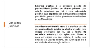 Conceitos
jurídicos
Empresa pública é a entidade dotada de
personalidade jurídica de direito privado, com
criação autorizada por lei e com patrimônio
próprio, cujo capital social é integralmente detido
pela União, pelos Estados, pelo Distrito Federal ou
pelos Municípios.
Sociedade de economia mista é a entidade dotada
de personalidade jurídica de direito privado, com
criação autorizada por lei, sob a forma de
sociedade anônima, cujas ações com direito a
voto pertençam em sua maioria à União, aos
Estados, ao Distrito Federal, aos Municípios ou a
entidade da administração indireta.
 