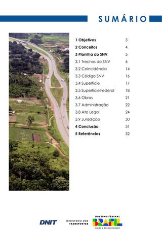 S U M Á R I O
1 Objetivos 3
2 Conceitos 4
3 Planilha do SNV 5
3.1 Trechos do SNV 6
3.2 Coincidência 14
3.3 Código SNV 16
3.4 Superfície 17
3.5 Superfície Federal 18
3.6 Obras 21
3.7 Administração 22
3.8 Ato Legal 24
3.9 Jurisdição 30
4 Conclusão 31
5 Referências 32
 