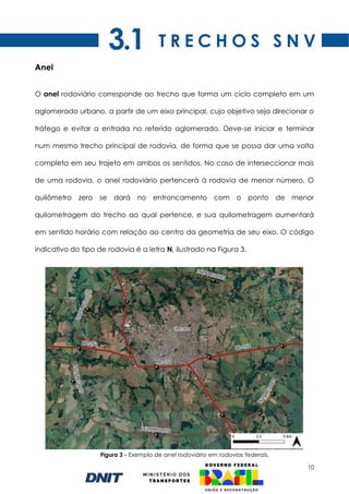 10
Figura 3 - Exemplo de anel rodoviário em rodovias federais.
Anel
O anel rodoviário corresponde ao trecho que forma um ciclo completo em um
aglomerado urbano, a partir de um eixo principal, cujo objetivo seja direcionar o
tráfego e evitar a entrada no referido aglomerado. Deve-se iniciar e terminar
num mesmo trecho principal de rodovia, de forma que se possa dar uma volta
completa em seu trajeto em ambos os sentidos. No caso de interseccionar mais
de uma rodovia, o anel rodoviário pertencerá à rodovia de menor número. O
quilômetro zero se dará no entroncamento com o ponto de menor
quilometragem do trecho ao qual pertence, e sua quilometragem aumentará
em sentido horário com relação ao centro da geometria de seu eixo. O código
indicativo do tipo de rodovia é a letra N, ilustrado na Figura 3.
T R E C H O S S N V
3.1
 