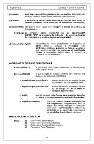 Resumão

Direito Administrativo

Vinculação:

adstritos ao permitido no instrumento convocatório da licitação, não
podendo mudar as regras depois de iniciado o procedimento;

Julgamento:

a decisão a ser tomada pela Administração DEVERÁ BASEAR-SE em
critérios concretos, claros e definidos no instrumento convocatório;

Competitividade: não podem haver regras que impeçam o acesso ao certame, de
interessados;
ATENÇÃO: os princípios acima enunciados são de OBSERVÂNCIA
OBRIGATÓRIA no procedimento licitatório. Se um dos princípios
for afrontado, o procedimento licitatório será NULO.
OBJETO DA LICITAÇÃO:

ressalvados os casos especificados na legislação, as
obras, serviços, compras e alienações serão
contratados mediante processo de licitação pública, a
qual somente permitirá as exigências de qualificação
técnica e econômica indispensáveis à garantia do
cumprimento das obrigações.

MODALIDADE DA EXECUÇÃO DOS SERVIÇOS 
Execução Direta -

a que é feita pelos órgãos e entidades da Administração,
pelos próprios meios;

Execução Indireta -

a que o órgão ou entidade contrata com terceiros, sob
qualquer das seguintes modalidades:

a) empreitada por preço global -

quando se contrata a execução da obra
ou do serviço por preço certo e total;

b) empreitada por preço unitário -

quando se contrata a execução da obra
ou do serviço por preço certo de
unidades determinadas;

c) tarefa -

quando se ajusta mão-de-obra para pequenos trabalhos
por preço certo, com ou sem fornecimento de materiais;

e) empreitada integral -

quando se contrata um empreendimento em
sua integralidade, compreendendo todas as
etapas das obras, serviços e instalações
necessárias, sob inteira responsabilidade da
contratada até a sua entrega ao contratante
em condições de entrada em operação;

REQUISITOS PARA LICITAÇÃO 
Obras:

a)
b)
c)
d)

Existência de projeto básico;
Existência de orçamento detalhado;
Existência de Recursos Orçamentários;
Previsão no Plano Plurianual.

60

 