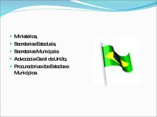 Ministérios, Secretarias Estaduais, Secretarias Municipais. Advocacia-Geral da União, Procuradorias dos Estados e Municípios.  
