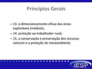 Princípios Gerais
– 13. o dimensionamento eficaz das áreas
exploráveis (módulo);
– 14. proteção ao trabalhador rural;
– 15. a conservação e preservação dos recursos
naturais e a proteção do meioambiente.
 