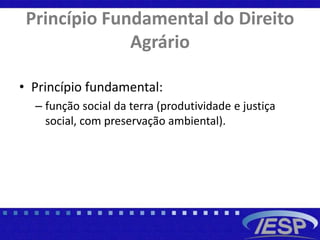 Princípio Fundamental do Direito
Agrário
• Princípio fundamental:
– função social da terra (produtividade e justiça
social, com preservação ambiental).
 
