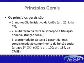 Princípios Gerais
• Os princípios gerais são:
– 1. monopólio legislativo da União (art. 22, I, da
CF);
– 2. a utilização da terra se sobrepõe à titulação
dominial (função social);
– 3. a propriedade da terra é garantida, mas
condicionada ao cumprimento da função social
(artigos 5º, XXII e XXIII; art. 170; art. 184, da
CF/88);
 