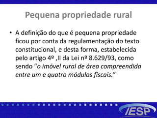Pequena propriedade rural
• A definição do que é pequena propriedade
ficou por conta da regulamentação do texto
constitucional, e desta forma, estabelecida
pelo artigo 4º ,II da Lei nº 8.629/93, como
sendo “o imóvel rural de área compreendida
entre um e quatro módulos fiscais.”
 