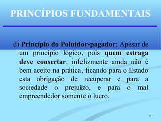 10
PRINCÍPIOS FUNDAMENTAIS
d) Princípio do Poluidor-pagador: Apesar de
um princípio lógico, pois quem estraga
deve consertar, infelizmente ainda não é
bem aceito na prática, ficando para o Estado
esta obrigação de recuperar e para a
sociedade o prejuízo, e para o mal
empreendedor somente o lucro.
 