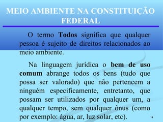 14
O termo Todos significa que qualquer
pessoa é sujeito de direitos relacionados ao
meio ambiente.
Na linguagem jurídica o bem de uso
comum abrange todos os bens (tudo que
possa ser valorado) que não pertencem a
ninguém especificamente, entretanto, que
possam ser utilizados por qualquer um, a
qualquer tempo, sem qualquer ônus (como
por exemplo: água, ar, luz solar, etc).
MEIO AMBIENTE NA CONSTITUIÇÃO
FEDERAL
 