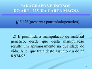 19
§1° / 2°(preservar patrimôniogenético)
2) É permitida a manipulação de material
genético, desde que desta manipulação
resulte um aprimoramento na qualidade de
vida. A lei que trata deste assunto é a de n°
8.974/95.
PARÁGRAFOS E INCISOS
DO ART. 225 DA CARTA MAGNA
 