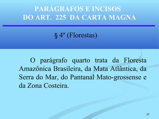 27
PARÁGRAFOS E INCISOS
DO ART. 225 DA CARTA MAGNA
§ 4º (Florestas)
O parágrafo quarto trata da Floresta
Amazônica Brasileira, da Mata Atlântica, da
Serra do Mar, do Pantanal Mato-grossense e
da Zona Costeira.
 