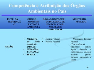 38
Competência e Atribuição dos Órgãos
Ambientais no País
ENTE DA
FEDERAÇÃ
O
ÓRGÃO
ADMINIST
RATIVO E
AMBIENTA
L
ÓRGÃO DO PODER
JUDICIÁRIO, DE
POLÍCIA CIVIL,
MILITAR E
AMBIENTAL
MINITÉRIO
PÚBLICO
UNIÃO
• Ministério
do Meio
Ambiente
(MMA);
• SISNAMA;
• CONAMA;
• IBAMA.
• Justiça Federal;
• Polícia Federal.
Ministério Público
Federal
(Procuradores).
Matérias: índios,
águas federais e
subterrâneas, energia
nuclear, praias,
parques nacionais e
fauna.
 