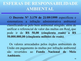 42
ESFERAS DE RESPONSABILIDADE
AMBIENTAL
O Decreto N° 3.179 de 21/09/1999 especificou e
sistematizou a infração administrativa ambiental
classificando-as pelo bem ambiental atingido, além de
unificar o referencial de valor das multas em Real, que
pode ir de R$ 50,00 (cinqüenta reais) a R$
50.000.000,00 (cinqüenta milhões de reais).
Os valores arrecadados pelos órgãos ambientais da
União em pagamento às multas por infração ambiental
são revertidos ao Fundo Nacional de Meio
Ambiente.
 