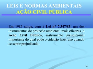 48
LEIS E NORMAS AMBIENTAIS
AÇÃO CIVIL PÚBLICA
Em 1985 surge, com a Lei n° 7.347/85, um dos
instrumentos de proteção ambiental mais eficazes, a
Ação Civil Pública, instrumento jurisdicional
importante do qual pode o cidadão fazer uso quando
se sentir prejudicado.
 