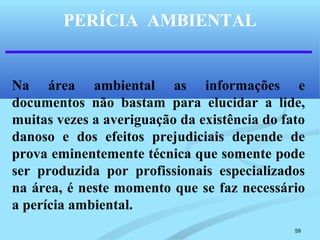 59
PERÍCIA AMBIENTAL
Na área ambiental as informações e
documentos não bastam para elucidar a lide,
muitas vezes a averiguação da existência do fato
danoso e dos efeitos prejudiciais depende de
prova eminentemente técnica que somente pode
ser produzida por profissionais especializados
na área, é neste momento que se faz necessário
a perícia ambiental.
 