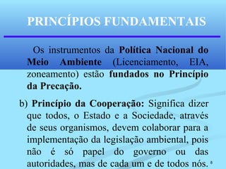 8
Os instrumentos da Política Nacional do
Meio Ambiente (Licenciamento, EIA,
zoneamento) estão fundados no Princípio
da Precação.
b) Princípio da Cooperação: Significa dizer
que todos, o Estado e a Sociedade, através
de seus organismos, devem colaborar para a
implementação da legislação ambiental, pois
não é só papel do governo ou das
autoridades, mas de cada um e de todos nós.
PRINCÍPIOS FUNDAMENTAIS
 