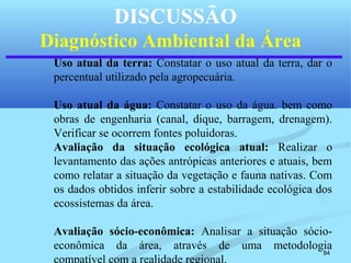 84
DISCUSSÃO
Diagnóstico Ambiental da Área
Uso atual da terra: Constatar o uso atual da terra, dar o
percentual utilizado pela agropecuária.
Uso atual da água: Constatar o uso da água. bem como
obras de engenharia (canal, dique, barragem, drenagem).
Verificar se ocorrem fontes poluidoras.
Avaliação da situação ecológica atual: Realizar o
levantamento das ações antrópicas anteriores e atuais, bem
como relatar a situação da vegetação e fauna nativas. Com
os dados obtidos inferir sobre a estabilidade ecológica dos
ecossistemas da área.
Avaliação sócio-econômica: Analisar a situação sócio-
econômica da área, através de uma metodologia
compatível com a realidade regional.
 