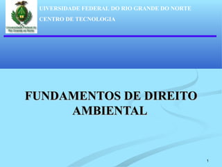 1
UIVERSIDADE FEDERAL DO RIO GRANDE DO NORTE
CENTRO DE TECNOLOGIA
FUNDAMENTOS DE DIREITOFUNDAMENTOS DE DIREITO
AMBIENTALAMBIENTAL
 