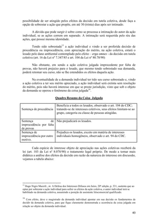 40
possibilidade de ser atingido pelos efeitos da decisão em tutela coletiva, desde faça a
opção de sobrestar a ação que propõe, em até 30 (trinta) dias após ser intimado.
A dúvida que pode surgir é sobre como se processa a intimação do autor da ação
individual, se as ações correm em separado. A intimação será requerida pelo réu das
ações, que possui mesma identidade.
Tendo sido sobrestada15
a ação individual e vindo a ser proferida decisão de
procedência ou improcedência, com apreciação do mérito, na ação coletiva, estará o
lesado pelo dano ambiental contemplado pelo efeito – erga omnes - da decisão em tutela
coletiva (art. 16 da Lei nº 7.347/85 e art. 104 da Lei nº 80.78/90)
Não obstante, em sendo a ação coletiva julgada improcedente por falta de
provas, não haverá prejuízo para o lesado, que mesmo tendo sobrestado sua demanda,
poderá retomar seu curso, não se lhe estendidos os efeitos daquela ação.
Na eventualidade de a demanda individual ter tido seu curso sobrestado e, vindo
a ação coletiva a ter seu mérito apreciado, a ação individual será extinta sem resolução
do mérito, pois não haverá interesse em que se preste jurisdição, visto que sob o objeto
da demanda se operou o fenômeno da coisa julgada16
.
Quadro Resumo da Coisa Julgada
Sentença de procedência
Beneficia a todos os lesados, observado o art. 104 do CDC;
tratando-se de interesses coletivos, seus efeitos limitam-se ao
grupo, categoria ou classe de pessoas atingidas.
Sentença de
improcedência por falta
de provas
Não prejudicará os lesados.
Sentença de
improcedência por outro
motivo.
Prejudica os lesados, exceto em matéria de interesses
individuais homogêneos, observado o art. 94 do CDC.
Cada espécie de interesse objeto de apreciação nas ações coletivas receberá da
lei (art. 103 da Lei nº 8.078/90) o tratamento legal próprio. De modo a tornar mais
didática a análise dos efeitos da decisão em razão da natureza do interesse em discussão,
vejamos a tabela abaixo:
15
Hugo Nigro Mazzili , in A Defesa dos Interesses Difusos em Juízo, 20ª edição, p. 331, sustenta que ao
optar por sobrestar a ação individual para sofrer os efeitos da ação coletiva, o autor individual terá se
habilitado na demanda coletiva, assumindo a posição de assistente litisconsorcial qualificado.
16
Com efeito, deve o magistrado da demanda individual apontar em sua decisão os fundamentos de
decidir da demanda coletiva, para que fique claramente demonstrada a ocorrência da coisa julgada em
relação ao objeto da demanda individual.
 