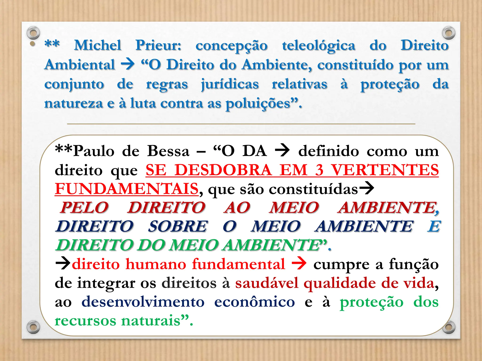 • ** Michel Prieur: concepção teleológica do Direito
Ambiental  “O Direito do Ambiente, constituído por um
conjunto de regras jurídicas relativas à proteção da
natureza e à luta contra as poluições”.
**Paulo de Bessa – “O DA  definido como um
direito que SE DESDOBRA EM 3 VERTENTES
FUNDAMENTAIS, que são constituídas
PELO DIREITO AO MEIO AMBIENTE,
DIREITO SOBRE O MEIO AMBIENTE E
DIREITO DO MEIO AMBIENTE”.
direito humano fundamental  cumpre a função
de integrar os direitos à saudável qualidade de vida,
ao desenvolvimento econômico e à proteção dos
recursos naturais”.
 