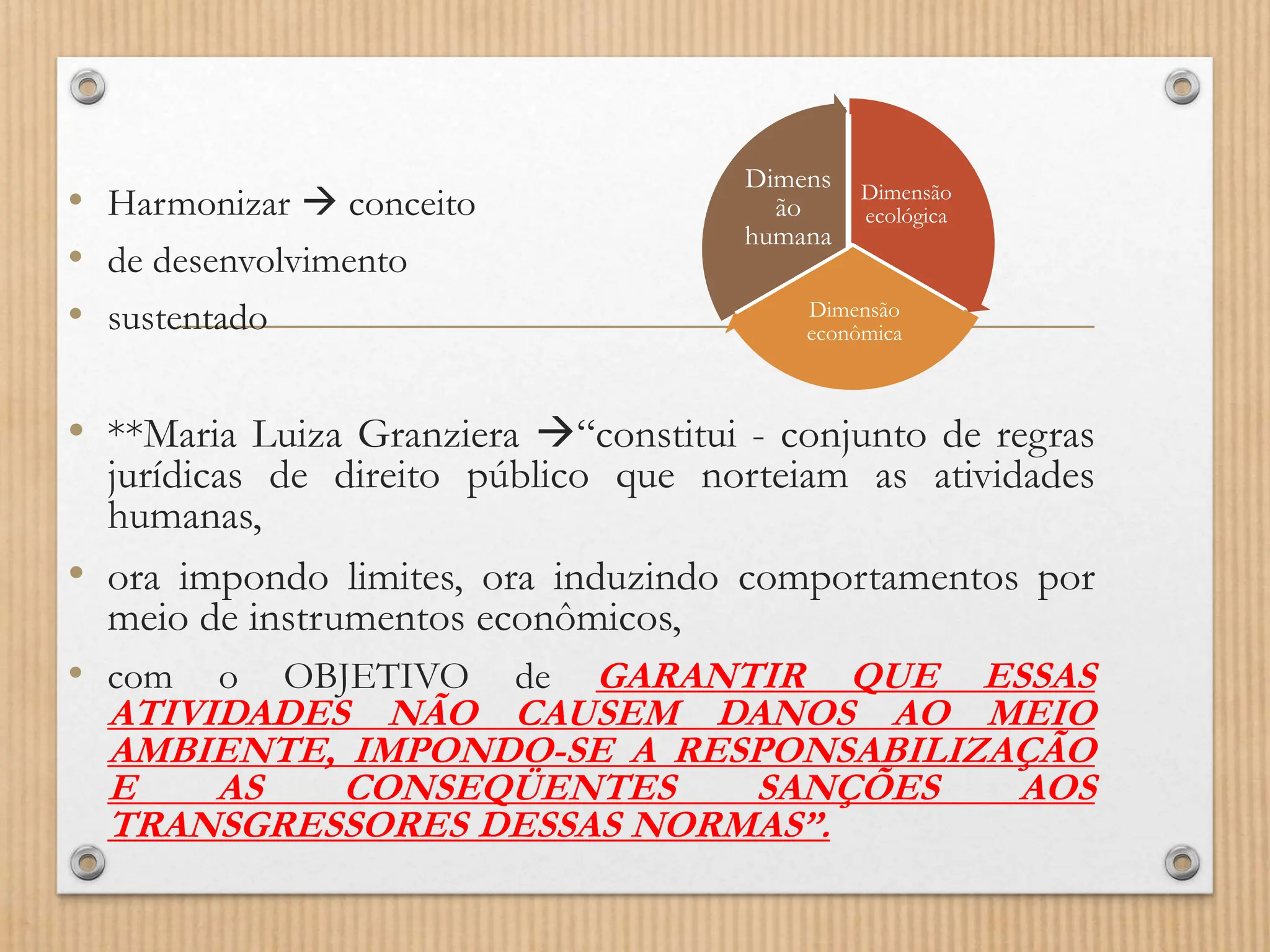 • Harmonizar  conceito
• de desenvolvimento
• sustentado
• **Maria Luiza Granziera “constitui - conjunto de regras
jurídicas de direito público que norteiam as atividades
humanas,
• ora impondo limites, ora induzindo comportamentos por
meio de instrumentos econômicos,
• com o OBJETIVO de GARANTIR QUE ESSAS
ATIVIDADES NÃO CAUSEM DANOS AO MEIO
AMBIENTE, IMPONDO-SE A RESPONSABILIZAÇÃO
E AS CONSEQÜENTES SANÇÕES AOS
TRANSGRESSORES DESSAS NORMAS”.
Dimensão
ecológica
Dimensão
econômica
Dimens
ão
humana
 