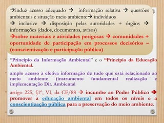 • “Princípio da Informação Ambiental” e o “Princípio da Educação
Ambiental.
• amplo acesso à efetiva informação de tudo que está relacionado ao
meio ambiente (instrumento fundamental realização e
implementação Dir. Ambiental
• artigo 225, §1º, VI, da CF/88  incumbe ao Poder Público 
promover a educação ambiental em todos os níveis e a
conscientização pública para a preservação do meio ambiente.
•
induz acesso adequado  informação relativa  questões
ambientais e situação meio ambiente indivíduos
 inclusive  disposição pelas autoridades + órgãos 
informações (dados, documentos, avisos)
sobre materiais e atividades perigosas  comunidades +
oportunidade de participação em processos decisórios –
(conscientização e participação pública)
 